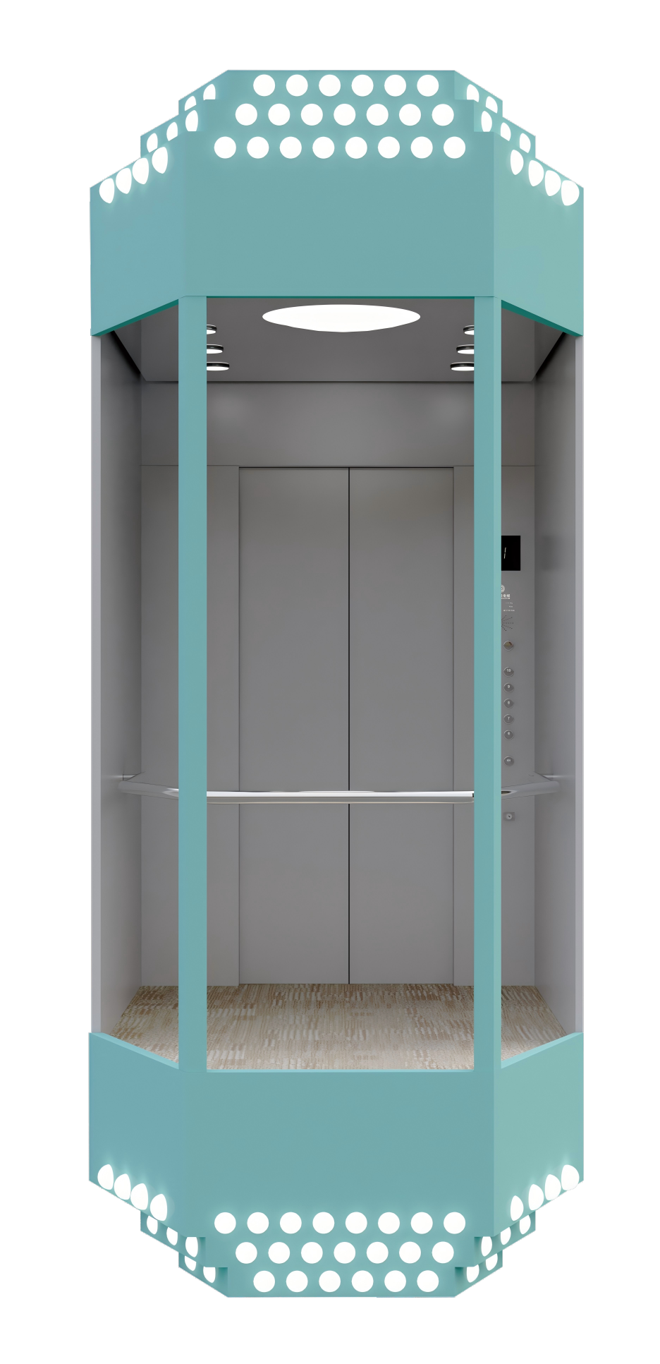 KG02 panoramic passenger elevator cabin, brushed silver